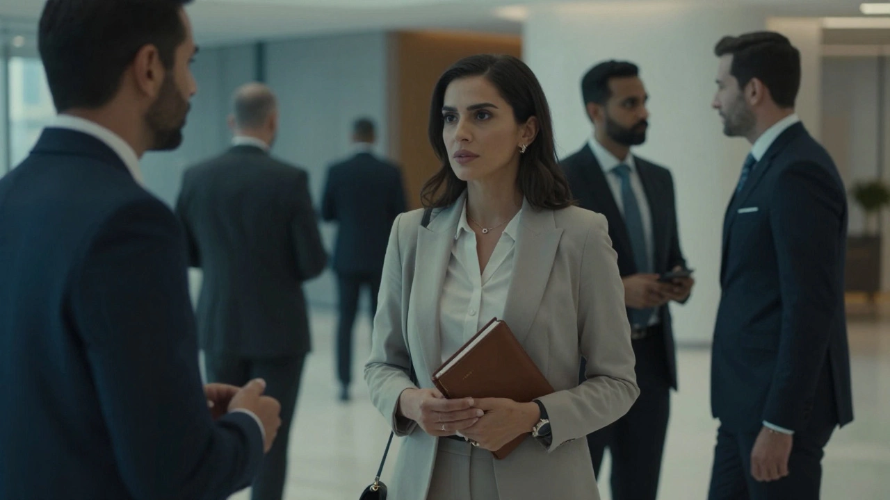 A professional companion in a Dubai office lobby, respected by executives around her, exuding calm authority.