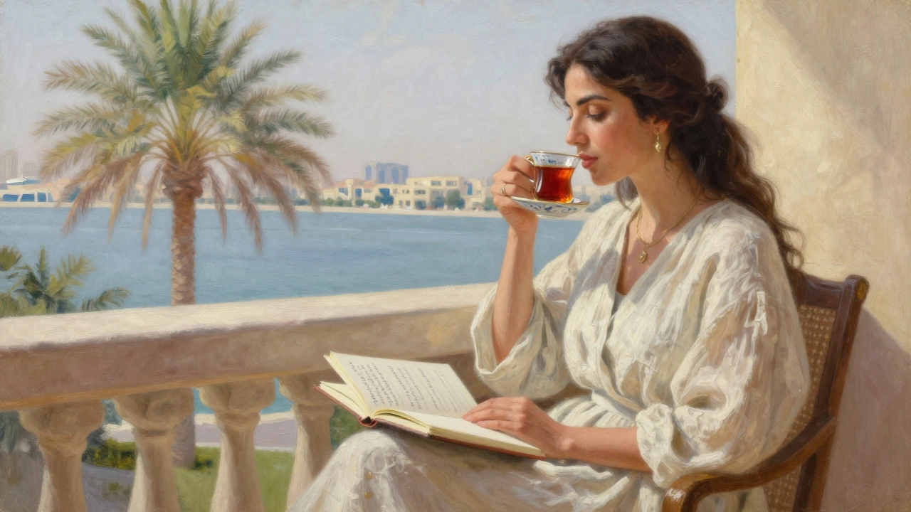 An Algerian woman on a Dubai balcony, writing client notes in a notebook under soft sunlight.