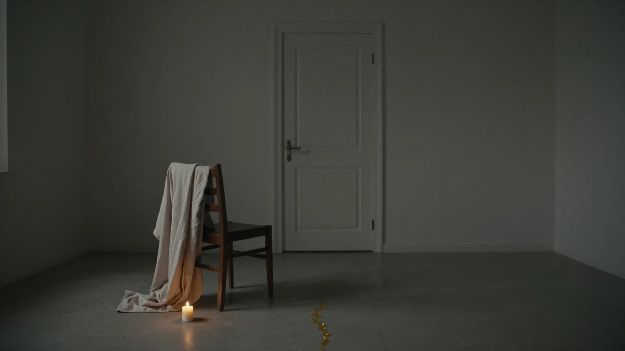 An empty robe and flickering candle in a silent, empty room after a profound experience.
