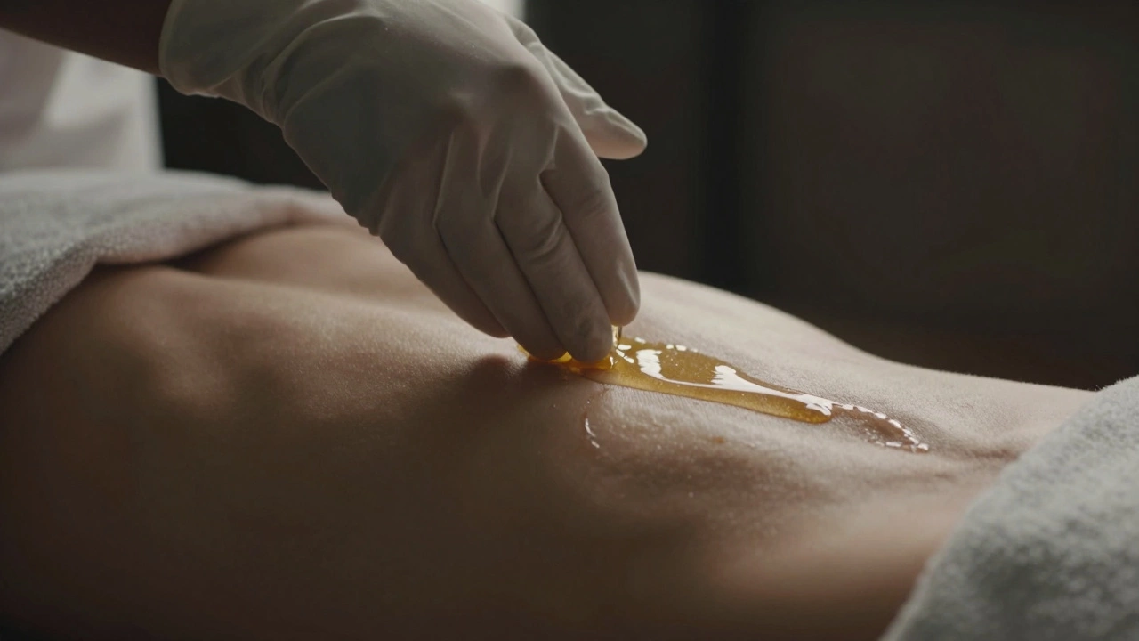 Hands pouring warm oil onto a back, illuminated by a single beam of light.